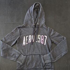 Aeropostale Women's Charcoal Gray Pullover Hoodie with Pink/White Logo
